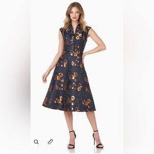Kay Unger, Ramona Floral Jacquard Dress, Navy/Gold, Size 4